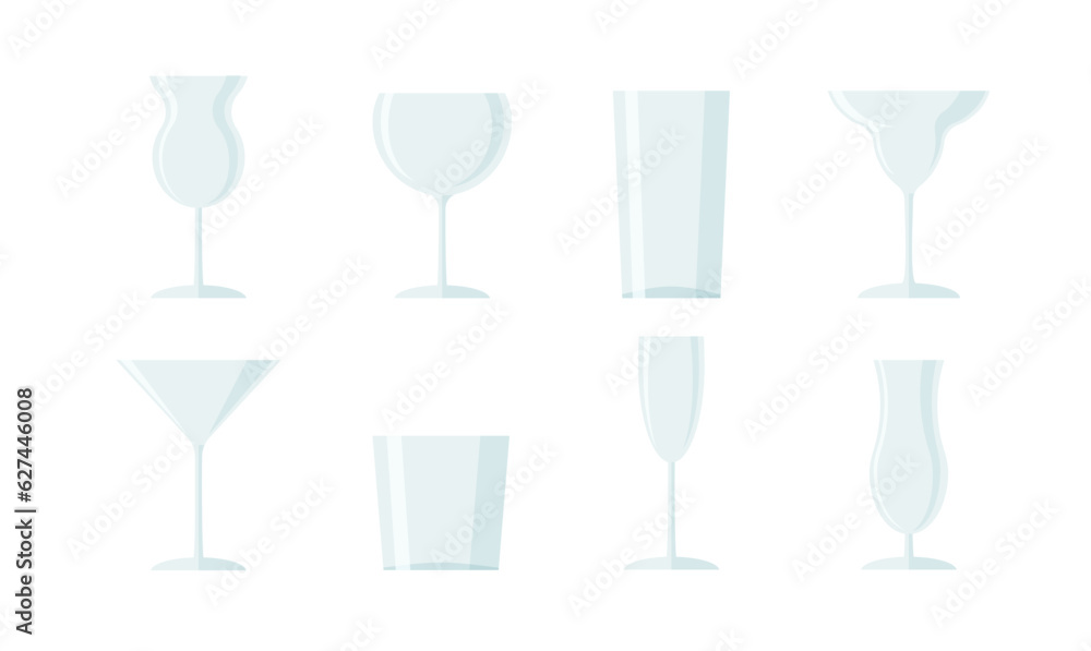Set of drinking glasses isolated on white background. Transparent vector drink glasses for different cocktails. Set of drinking glasses isolated on white background. Transparent vector drink glasses for different cocktails.