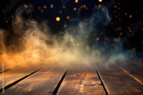 Empty wooden table background with smoke and gold bokeh lights
