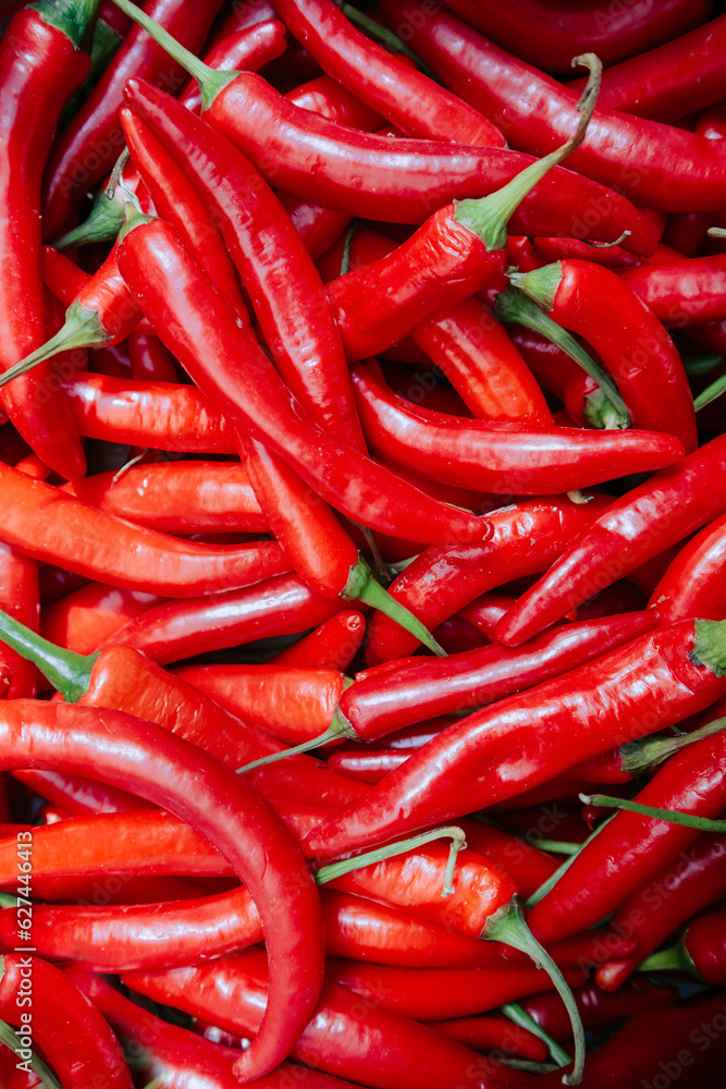 Pattern of red chilly peppers, overhead view