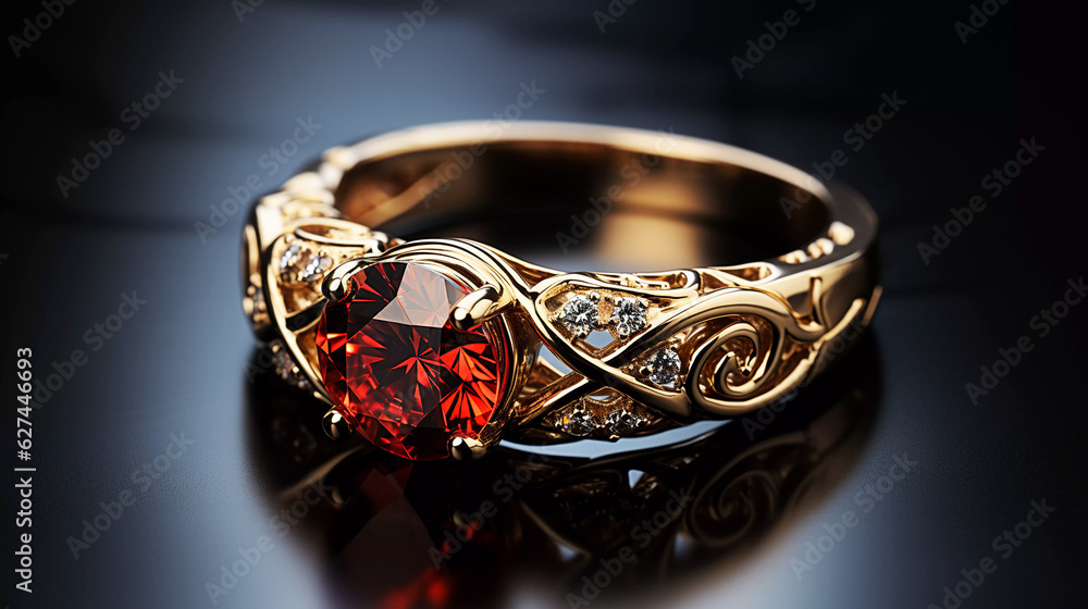 Golden ring with diamonds on a dark surface.