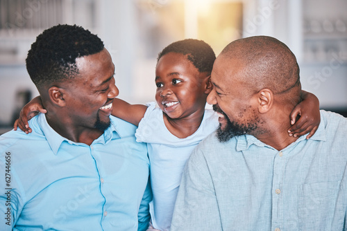 Black family, grandfather and father with girl in home, bonding and relax together. African grandpa, dad and happy child with care, love and smile, enjoying quality time and hug to embrace in house