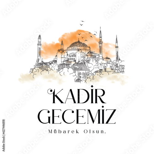 Kadir Gecemiz Mübarek Olsun Islamic religious night celebration. Translation: Have a blessed night of power. Mosque illustrations.