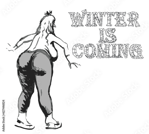 Winter is coming quotation. Vector humorous cartoon hand drawn sketch, woman on skates Adults coloring book page