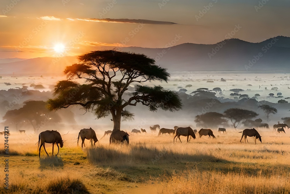 Obraz premium herd of elephants at sunset generated Ai.