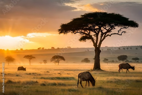 elephants at sunset in continent generated Ai. © Raziq