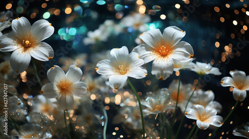 Subtle white flowers with golden sparks. Wallpaper, graphic background.