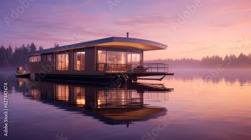 Sleek  floating houseboat on a serene lake. Generative AI