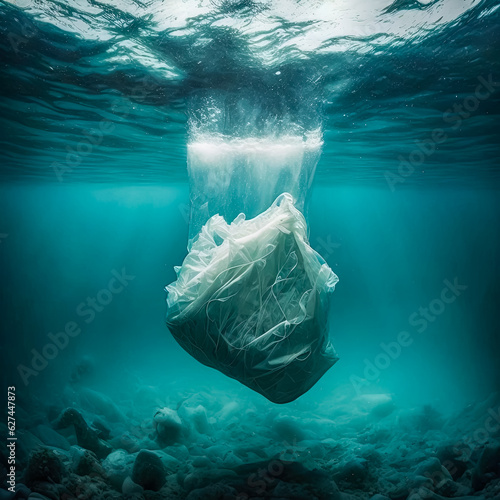 plastic bag with garbage in world ocean, environmental pollution, ai generation