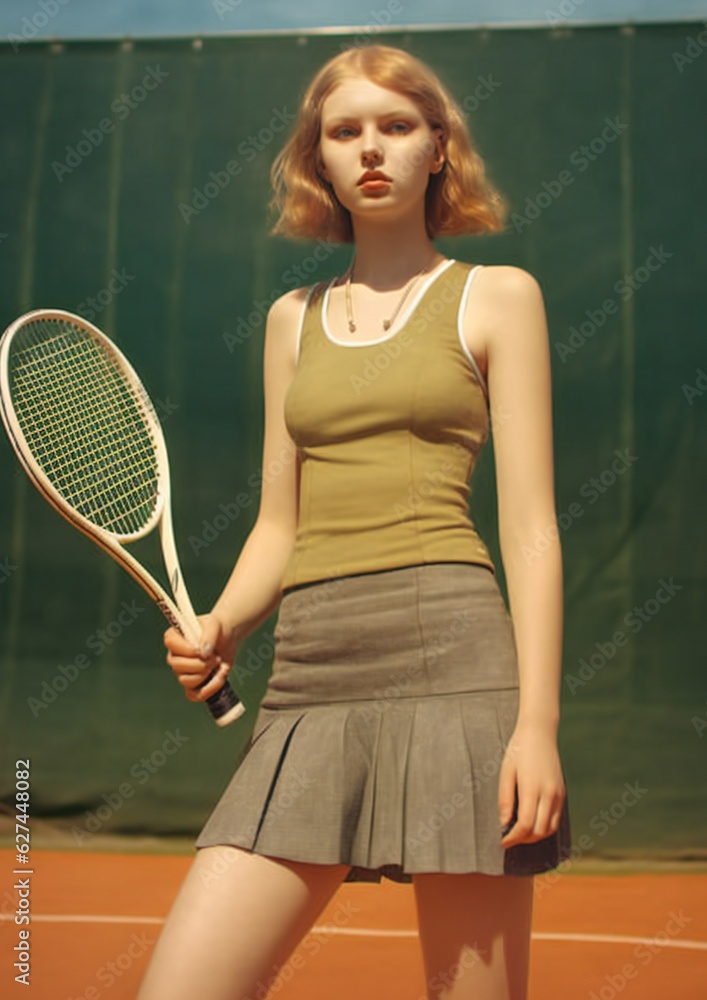 Girl On Tennis Court wearing a short skirt and sunglasses