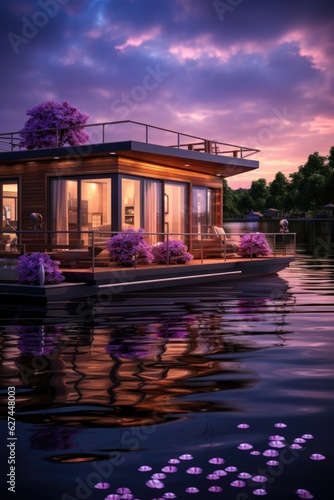 Sleek, floating houseboat on a serene lake. Generative AI