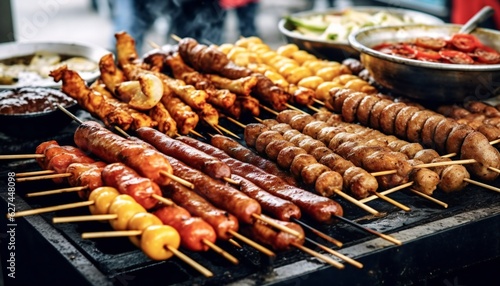 Grilled Sausage and Meat Skewers At A Food Stand