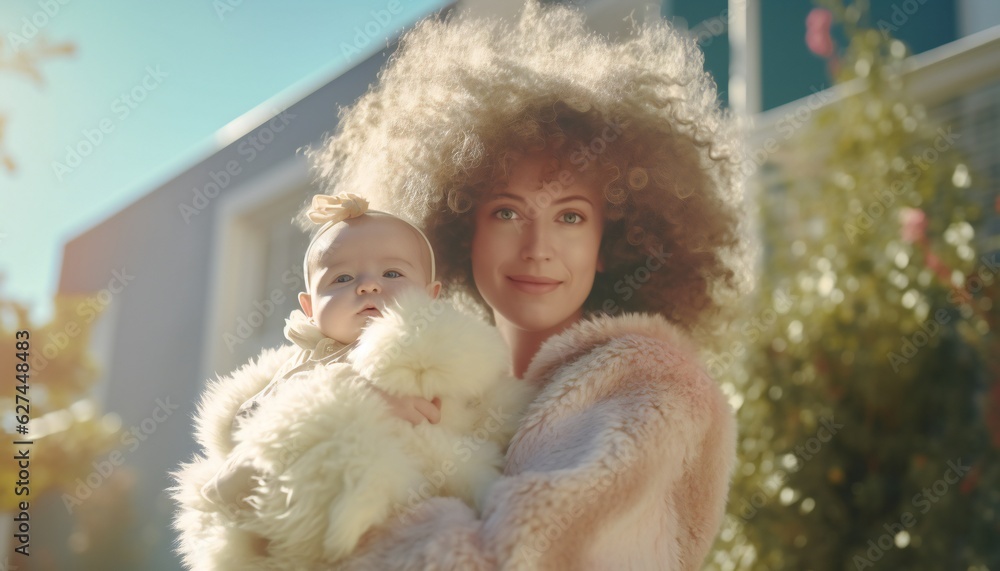 Mother holding baby in funny fluffy outfit outside in her arms Mother holding baby in funny fluffy outfit outside in her arms