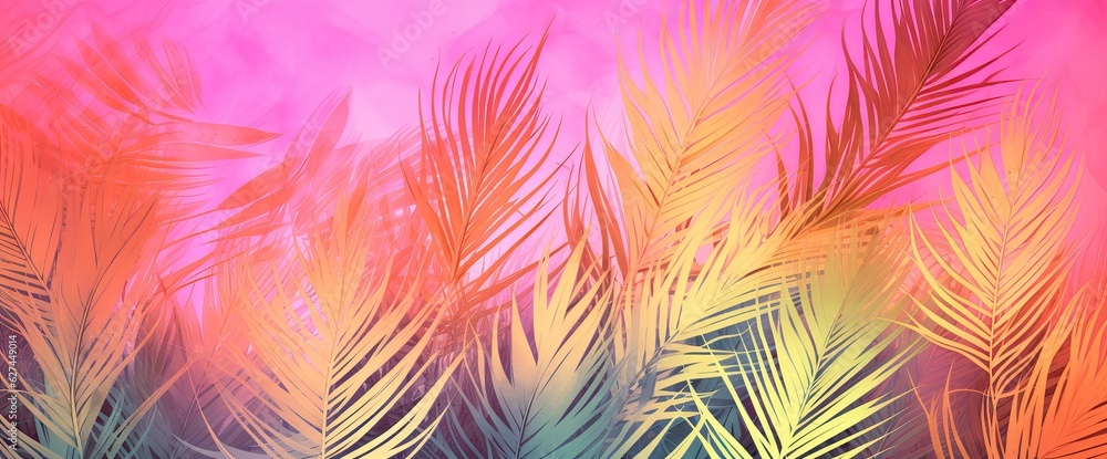 Tropical palm leaves wallpaper. Trendy interior mural sunset colours.Fresco concept. Watercolor and artist brushes.yellow, pink, beige Tropical palm leaves wallpaper. Trendy interior mural sunset colours.Fresco concept. Watercolor and artist brushes.yellow, pink, beige