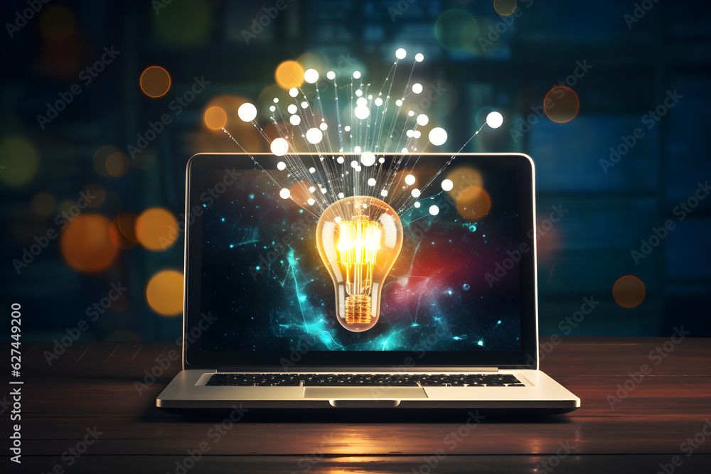A lightbulb moment while using a laptop. A visual representation of idea generation. Generative AI. A lightbulb moment while using a laptop. A visual representation of idea generation. Generative AI.