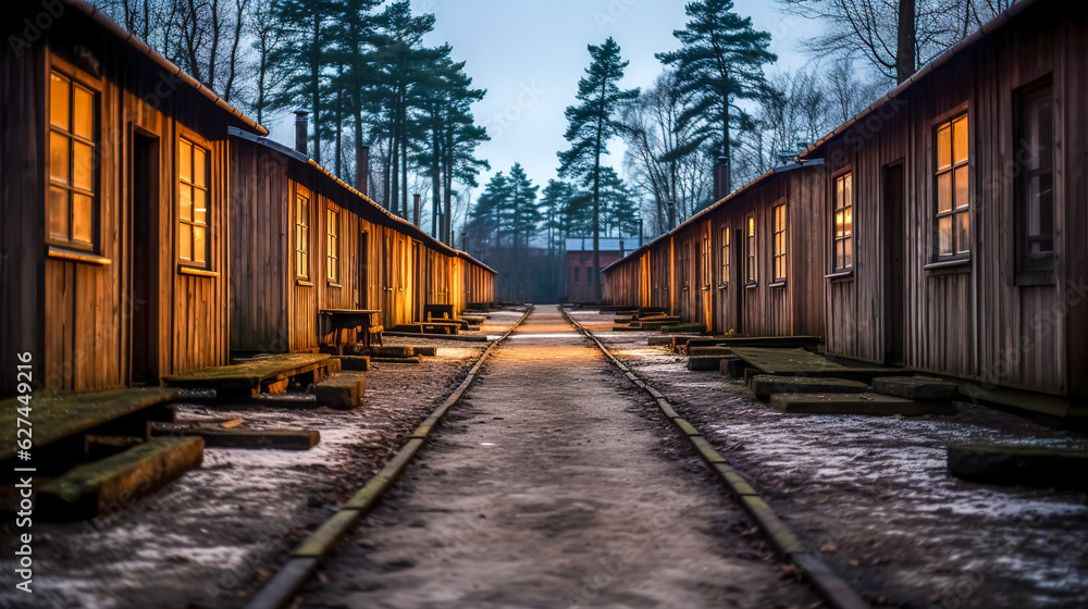 summer camp, wooden houses in the forest, made with Generative AI summer camp, wooden houses in the forest, made with Generative AI