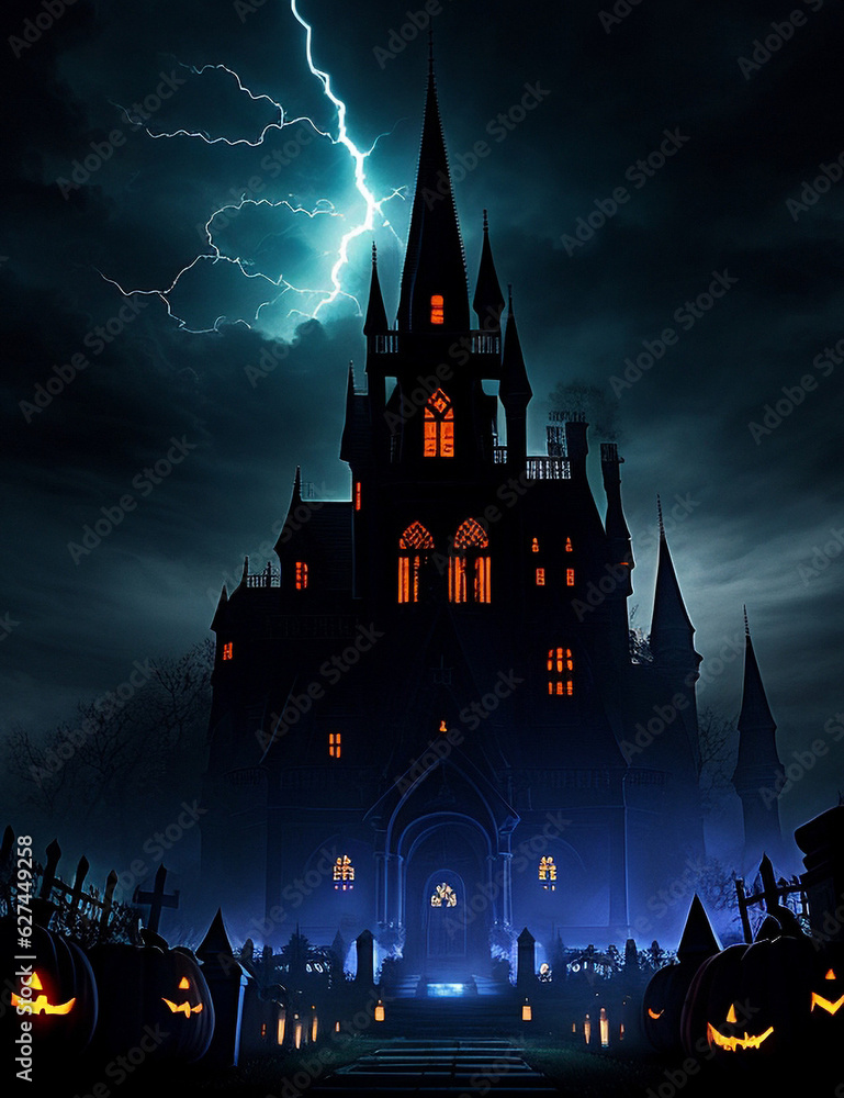 castle in the dark with thunderclap in the sky