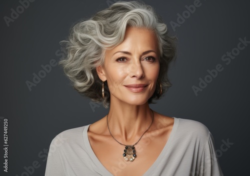 Mature woman with grey hair posing on grey background