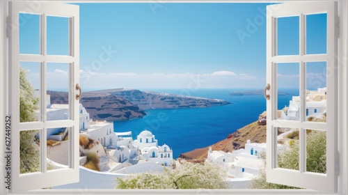 view from the window to the sea. View of the hillside through the open window to the sea and the white village. Santorini Greece. White architecture of Oia village