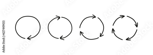 Garbage and waste recycling concept. Hand drawn
vector illustration isolated on white background. 
Set of recycling icons. Collection of recycling circles. Recycling circular arrows. Black and white
