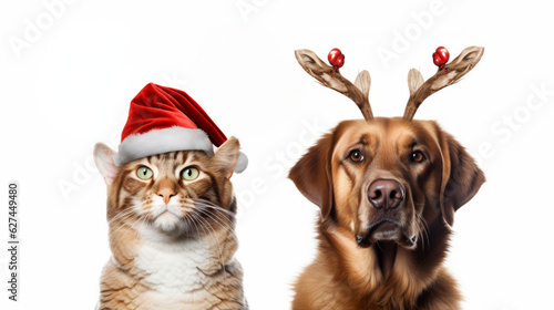 close-up dog and cat pet celebrating christmas wearing a reindeer antlers headband, santa hat. generated ai