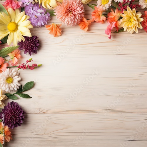  colorful birthday or mother's day frame with beautiful flowers on light wooden background and copy space, Bouquet of flowers, generative ai
