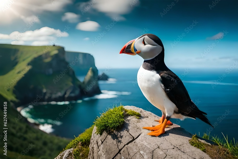 atlantic puffin or common puffin on a cliff generated Ai. atlantic puffin or common puffin on a cliff generated Ai.