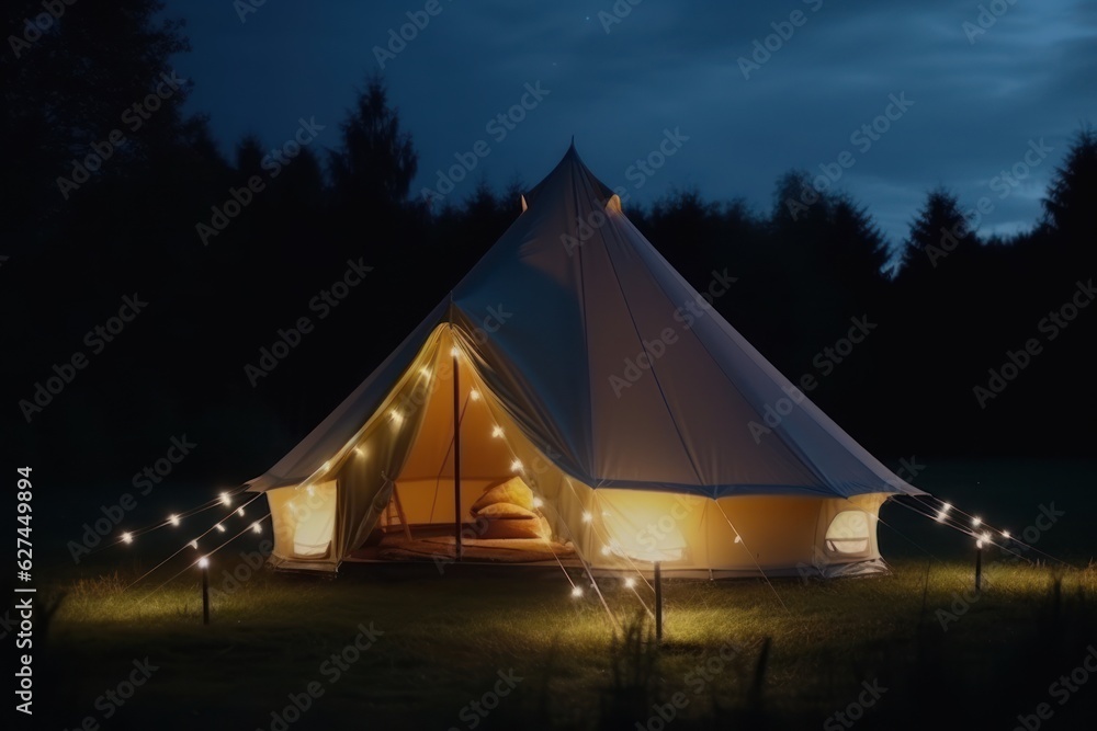 Glamping luxury tent in country side, night time with cozy lights camping concept generative ai