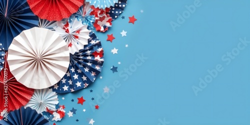 Red  white  and blue paper fans with stars confetti on blue background