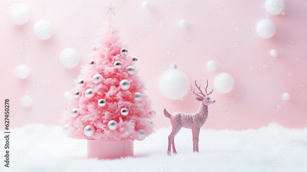 Artistic composition in pink colors with Christmas tree and deer. Festive New Year concept. Illustration for cover, card, postcard, interior design, decor, invitations or print.