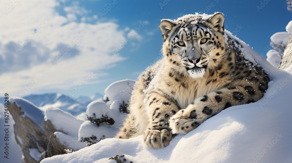 Obraz premium A graceful Snow Leopard perched on a rocky cliff, blending seamlessly with the snowy landscape Generative AI