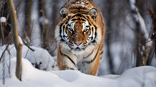 A majestic Siberian Tiger prowling through a snowy forest  its intense gaze fixed on its prey Generative AI