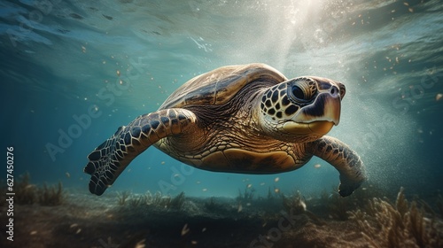 A close-up of a turtle swimming in the ocean with clear blue water. Illustration for cover, card, postcard, interior design, decor or print. © Login