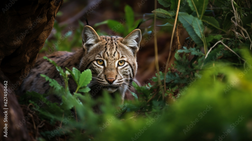 Fototapeta premium An elusive Iberian Lynx stealthily hunting in the dense undergrowth of a Mediterranean forest Generative AI