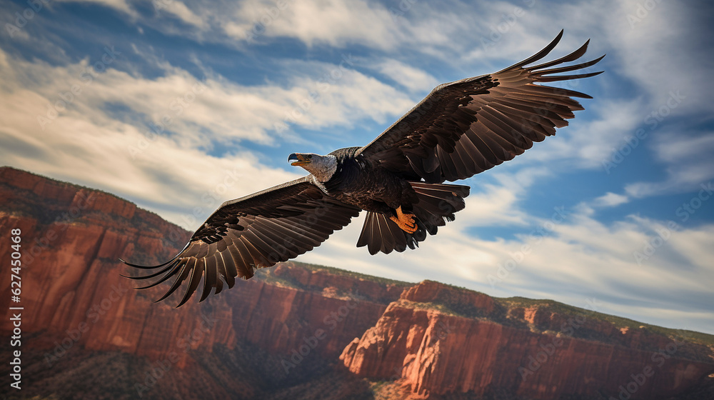 Obraz premium A captivating California Condor soaring gracefully through the expansive skies of the Grand Canyon Generative AI
