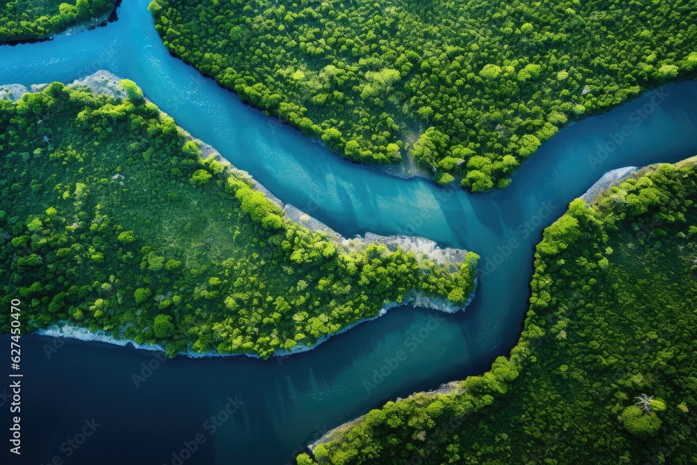 a serene river flowing through a vibrant green forest