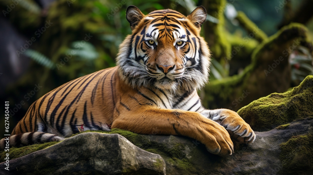 A magnificent South China Tiger resting regally on a rocky outcrop, surveying its domain Generative AI A magnificent South China Tiger resting regally on a rocky outcrop, surveying its domain Generative AI