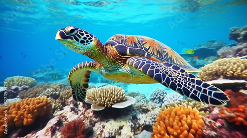 A gentle Hawksbill Sea Turtle gliding through the vibrant coral reefs of a tropical ocean Generative AI © Наталья Евтехова