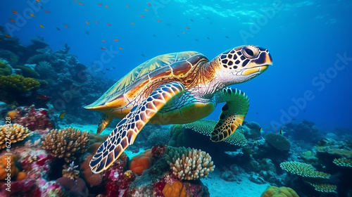 A gentle Hawksbill Sea Turtle gliding through the vibrant coral reefs of a tropical ocean Generative AI
