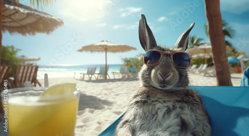 Fotografiet A fluffy rabbit in sunglasses is relaxing and drinking a cocktail on the beach