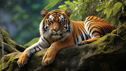 A magnificent South China Tiger resting regally on a rocky outcrop  surveying its domain Generative AI