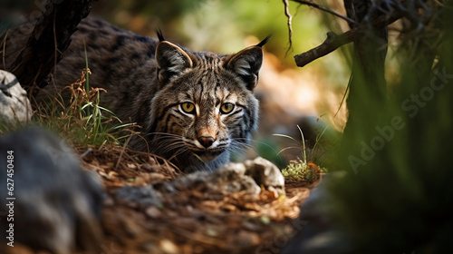 An elusive Iberian Lynx stealthily hunting in the dense undergrowth of a Mediterranean forest Generative AI