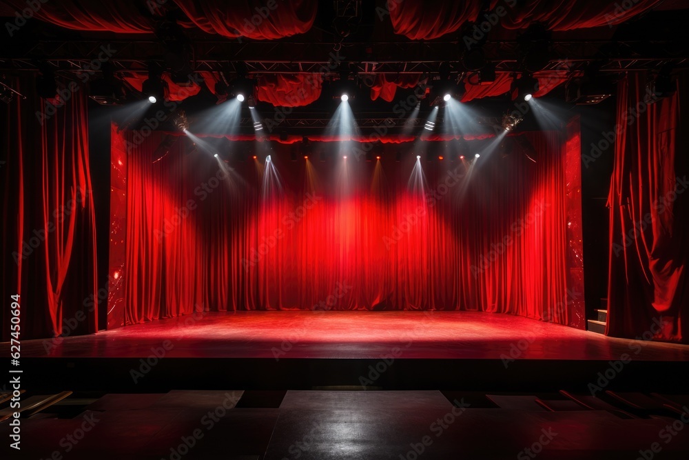 an empty stage with red curtains and spotlights - obrazy, fototapety, plakaty 