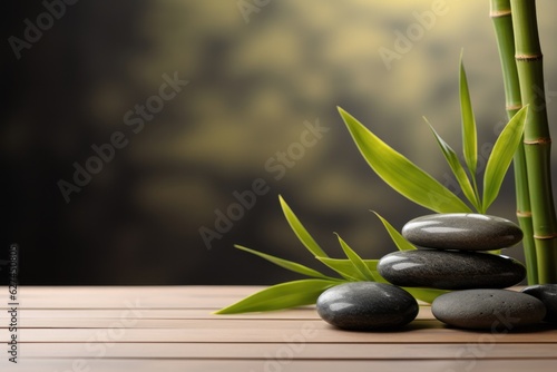 Illustration of a serene Zen garden with a bamboo plant and rocks on a table, Generative AI