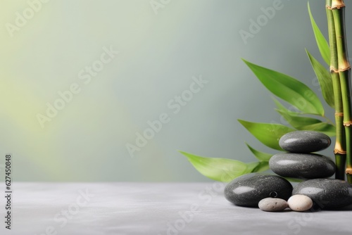 a serene bamboo plant next to a stack of rocks