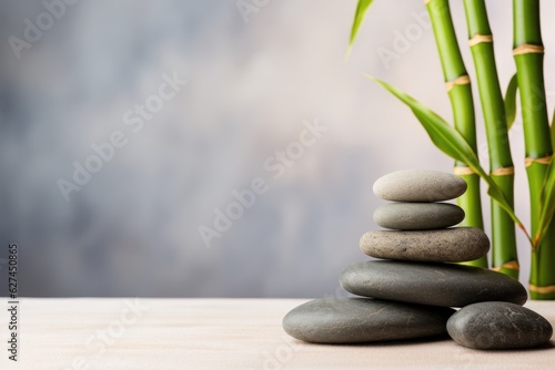 Illustration of a balanced rock stack next to a vibrant bamboo plant in a peaceful garden setting, Generative AI