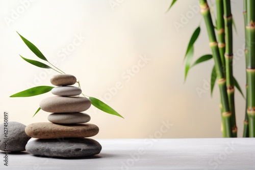 a balanced stack of rocks next to a vibrant bamboo plant