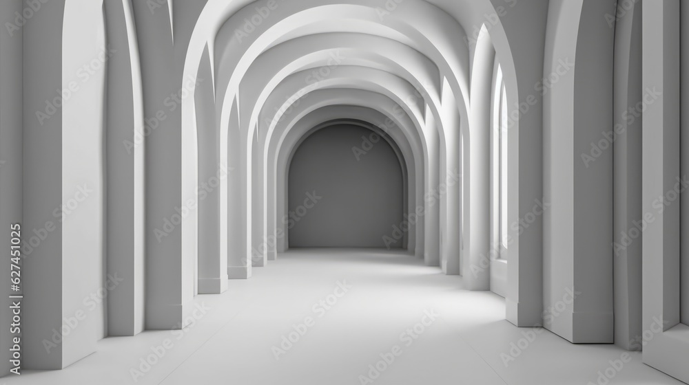 Illustration of a beautiful gray room with elegant arches and stunning architectural details