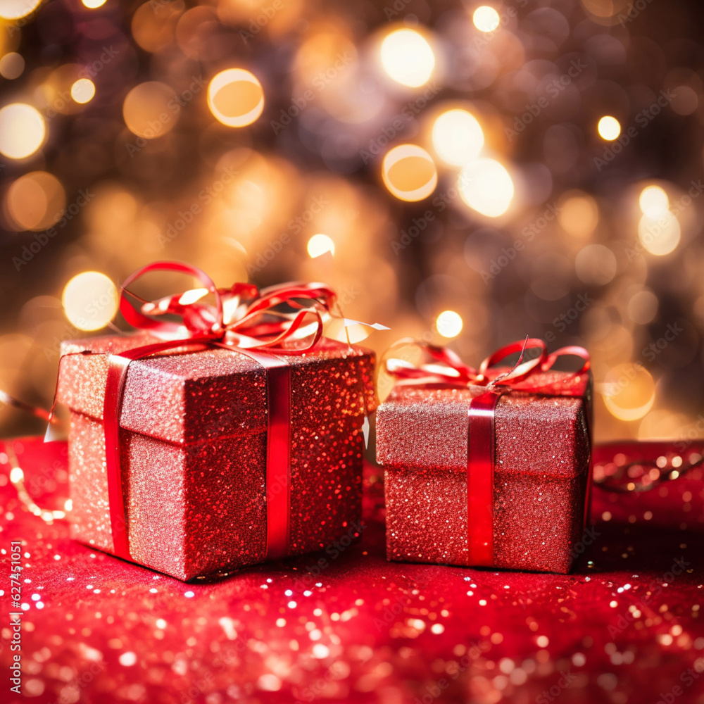 Red gift boxes and holiday Christmas lights ,Ai generated art illustration. Red gift boxes and holiday Christmas lights ,Ai generated art illustration.