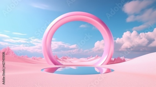 Modern abstract background of surreal landscape. Blue sky with clouds, pink sand dunes, calm water and pink geometric arch
