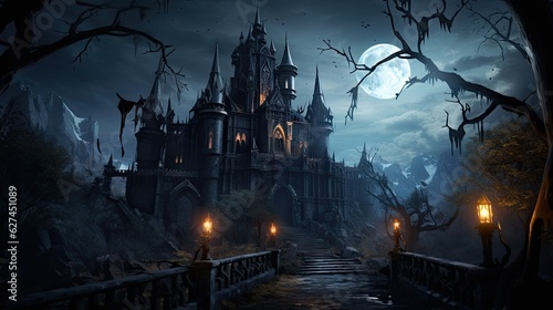 Gloomy gothic castles against the backdrop of the moon at night